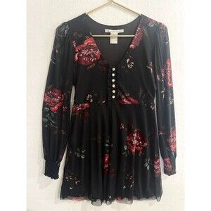 American Rag Black Red Floral Mini Dress Sheer Long Sleeve Boho Romantic Size S